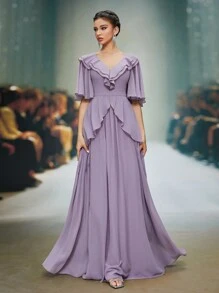 Exquisite V-Neck Chiffon Ruffle Pearl Sleeves Flounce High-End Evening Dress, Bridesmaid Dress - Dusty Purple - View 1