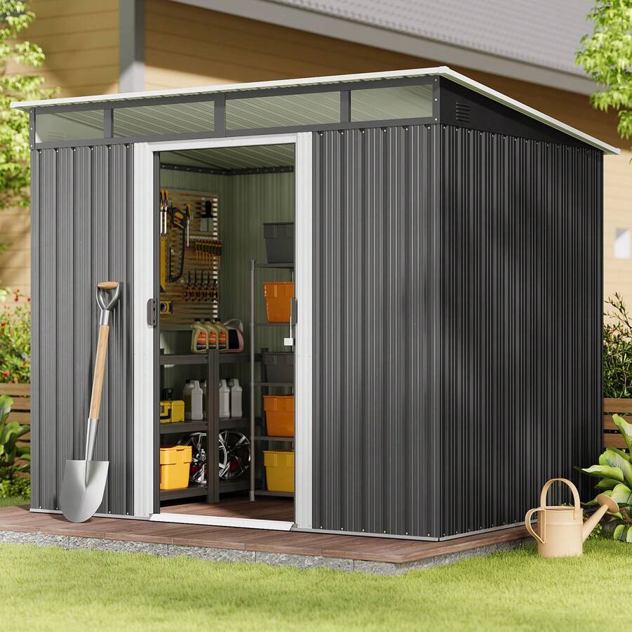 [2 Packages Shipping]8' X 6' Outdoor Storage Shed With Sliding Doors, Versatile Metal Garden Shed With Anchors, Tool Shed With Transparent Panel Windows, Outdoor Storage Shed For Backyard, Patio