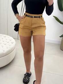 Za Shorts With Women's Tailored Belt - Beige - View 3