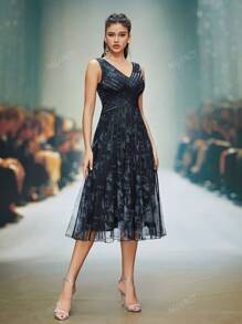 Vestido formal de malha com estampa floral e decote em V, vestido de festa para casamento, vestido para convidados de casamento, vestido de noite