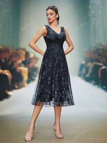 Vestido formal de malha com estampa floral e decote em V, vestido de festa para casamento, vestido para convidados de casamento, vestido de noite