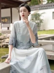 春季复古中国风唐朝渐变印花改良汉元素女士适合农历新年、日常、街头、通勤、居家等场合穿汉服上衣（仅上衣）