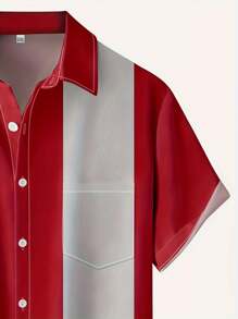 大码男士圣诞假期休闲户外圣诞老人几何艺术 3D 数码印花 Polo 领胸口袋假日复古休闲短袖保龄球衬衫 - 紅色 - 查看 3