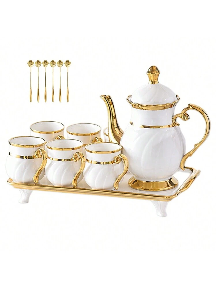 14-Pieces Porcelain Teapot Set Ceramic Coffee Cup Teacup With Gold