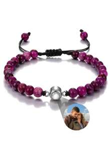 Customized Stone Projection Bracelet, 6mm Tiger Eye Stone Adjustable Couple Bracelet, Personalized Family Photo Jewelry Gift For Men Women, Anniversary Gift - Round Bracelet - View 13