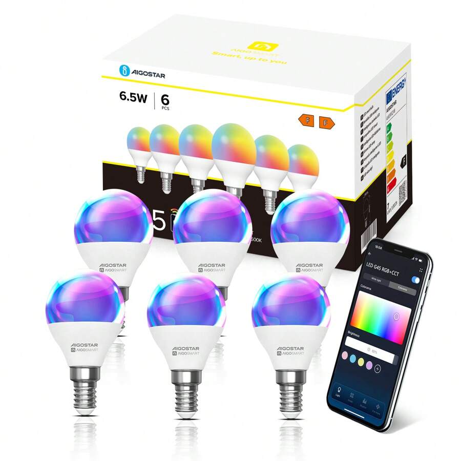 Aigostar Bombilla Inteligente, Bombilla Wifi G45 E14 6.5W, Bombilla Led Inteligente RGBCW Compatible con Alexa, No se Requiere Concentrador. Control Remoto,Control De Voz, 6Uds