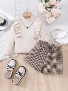 2 件套少女针织荷叶边长袖上衣和蝴蝶结格子短裤套装，秋冬时尚装扮 - 杏色 - 查看 3