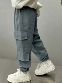 Pantalon cargo pour jeune garçon avec poches multiples, pantalon de travail à la mode pour usage quotidien, toutes saisons - Gris - Voir 6