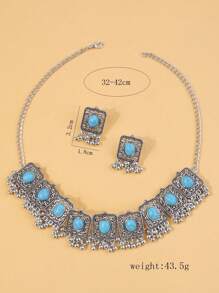 1pc Retro Rhinestone Necklace And 1pair Exaggerated Vintage Earrings Jewelry Set For Women - Blue - View 3