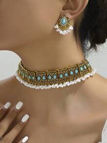 1pc Retro Rhinestone Necklace And 1pair Exaggerated Vintage Earrings Jewelry Set For Women - Blue - View 6