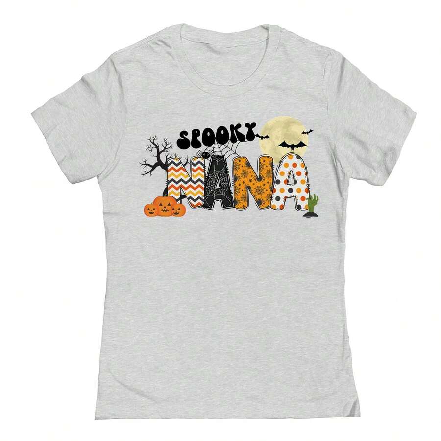 Nearly There Spooky Nana Patterns Halloween Graphic Cotton Ladies T-Shirt - Grey - View 1