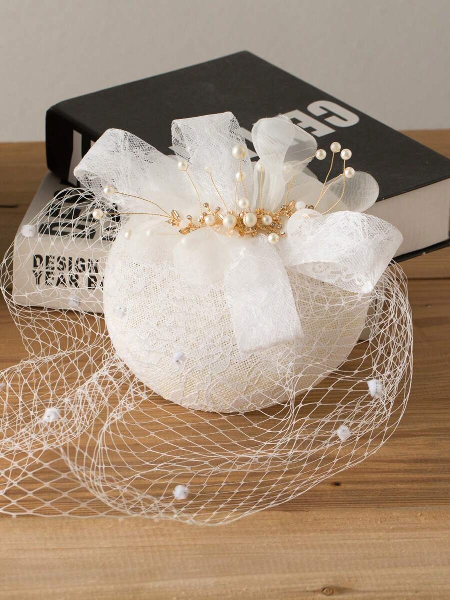 French Elegant Women Small Top Hat, Vintage British Fascinator Hat, Lady Veil Headdress Hat, White Wedding Bridal Hair Accessories - 03501038 - View 1