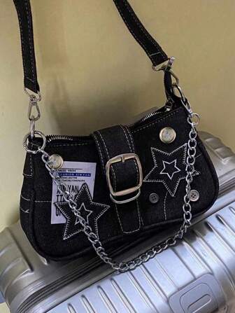 1 件女士 Y2K 辣妹朋克链条肩带星星装饰纽扣帆布单肩包时尚百搭轻便日常适合派对、节日、购物、校园、外出、礼物
