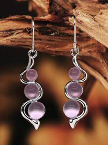 1 Pair New Bohemian Creative Curved Wave Inlaid Aquamarine Cat's Eye Stone Exquisite Earrings - Pink - View 7