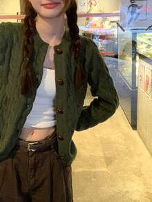 女士高端韩版长袖针织开衫复古纽扣秋冬圣诞绿日常约会通勤长袖上衣 - 綠色 - 查看 7