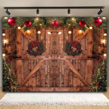1pc Festive Barn Door Christmas Backdrop - Polyester, Multipurpose, Reusable, Easy-To-Use, New Year Party Background For Family Gathering, Photo Studio Props, Banner Decorations, Holiday Decor, Universal Fit, And More,Christmas