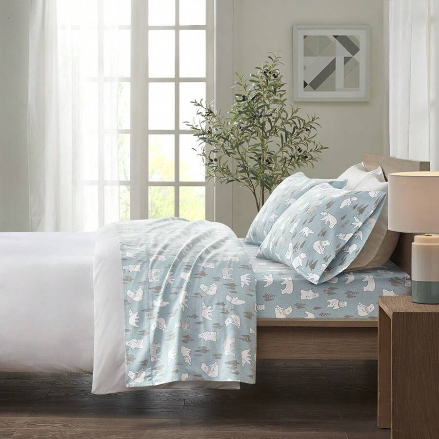 Cozy Touch 3/4 Pieces Lightweight Flannel Bedding Sheet Sets,Utra-Soft Easy Care With 12"-14"Deep Pockets,Multi-Ink Printed Home Textile Fits Diverse Home Decor,3 Pieces Set For Twin Size And 4 Pieces Set For QUEEN-KING-CAL KING Size - Gấu Bắc cực xanh - Xem 1