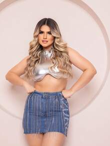 Frayed Hem Denim Skirt With Rhinestone Details - Rửa trung bình - Xem 2