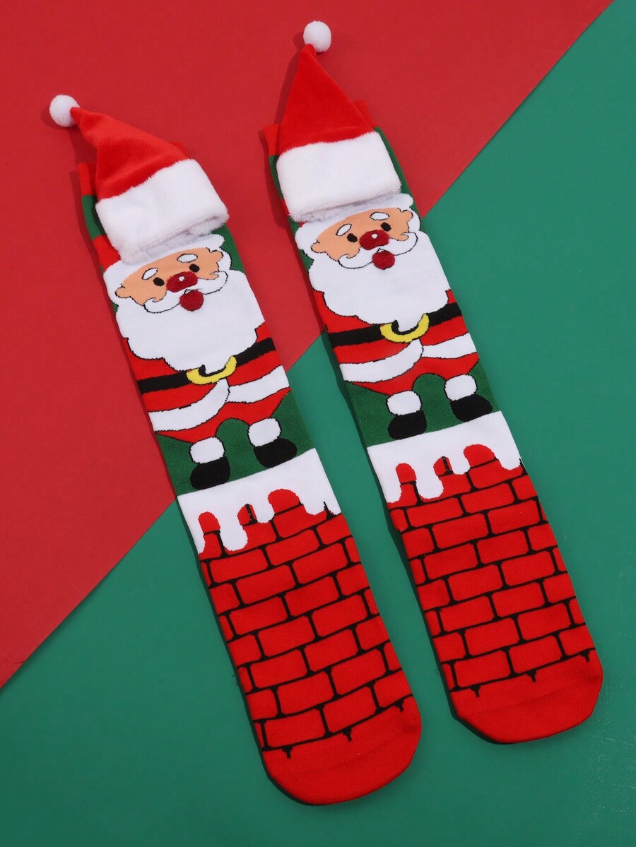 1 Pair Of Red And Green Christmas Socks Are Cute, Suitable For