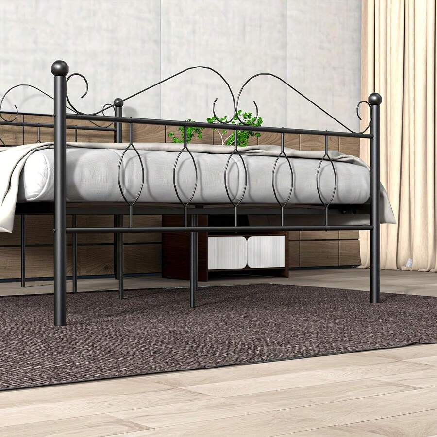 King/Double Size Metal Bed Frame Modern Platform Wooden Slat Support