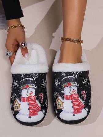 Vinter Snögubbe Snöflinga Mönster Hemtofflor, Tecknad Snögubbe Mönster Utskrift, Inomhus Varm Mjuk Och Bekväm, Julfest Wear Tofflor, Män Och Kvinnor Par Med Modeller