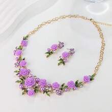 3pcs/Set Elegant Luxury Enamel & Metal 3d Flower Necklace And Earrings Set For Women, Perfect For Banquet And Dinner Parties Stylish And Versatile Valentines