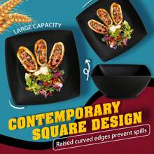 16/32Pcs Plastic Square Dinnerware Set - Durable Dishwasher Safe Microwave Safe, Stackable, Space-Saving - For 4 People, Includes Dinner Plates, Salad Plates, Snack Bowls, Tumblers 20 Oz - 黑色 - 查看 7