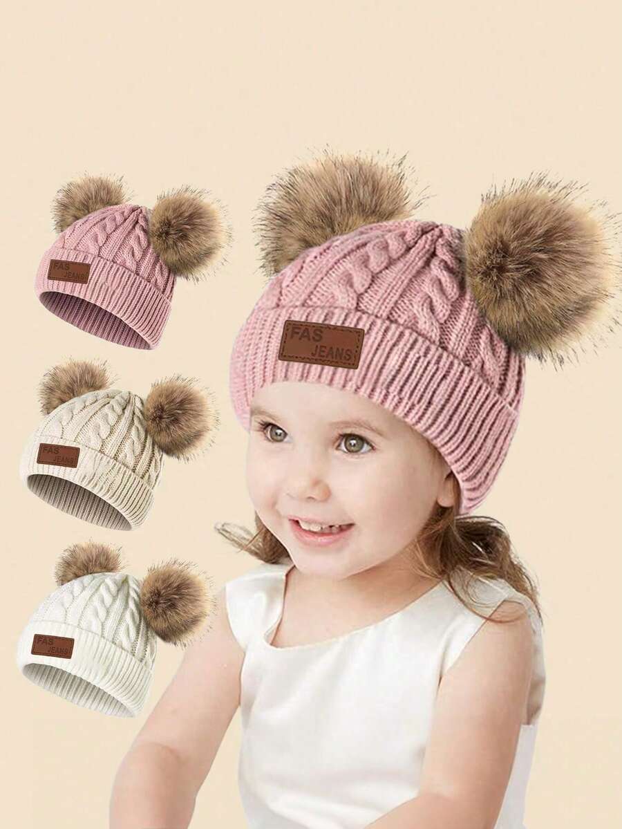 1 pieza Gorro de punto cálido de otoño/invierno para bebé de 1-3 años con dos pompones, lindo para uso diario