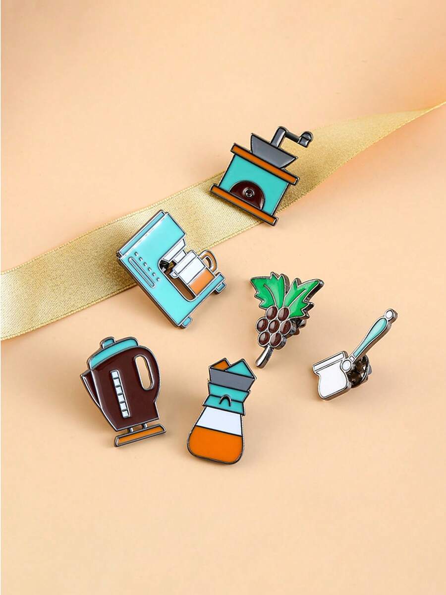 6 件/套咖啡元素创意胸针、金属咖啡风格别针、多功能珠宝徽章翻领别针、咖啡机和咖啡豆系列装饰胸针套装 - 彩色 - 查看 1