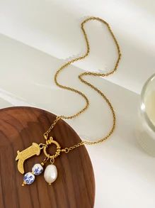 1 chiếc vòng cổ mặt dây chuyền bằng gốm ngọc trai sang trọng thanh lịch vàng 18k chống thấm nước thời trang dành cho phụ nữ - vòng cổ - Xem 7