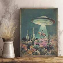 1pc Cowboy Art Poster Printing Art, Framed Home Wall Decoration - UFO Retro Science Fiction Western Cowboy Canvas Art - Ideal Gift For Alien Enthusiasts, Wall Art Decoration - 薄荷藍 - 查看 4
