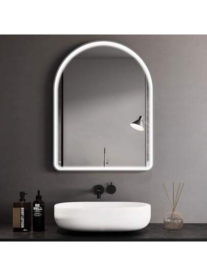 80x60cm Illuminated Bathroom Mirror, Curved, Touch Switch, Upgraded COB Verlichting Strip, Wand Anti Fog,