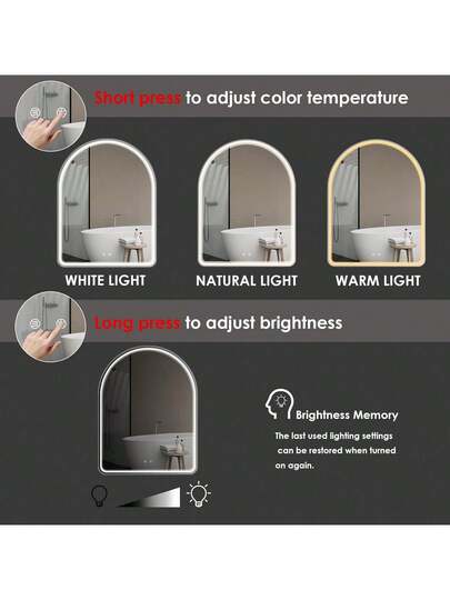 80x60cm Illuminated Bathroom Mirror, Curved, Touch Switch, Upgraded COB Verlichting Strip, Wand Anti Fog, view 5