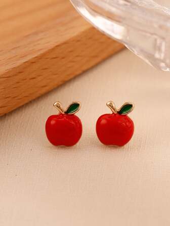 2 件红色迷你苹果形可爱耳环，适合女性日常佩戴和圣诞夜佩戴