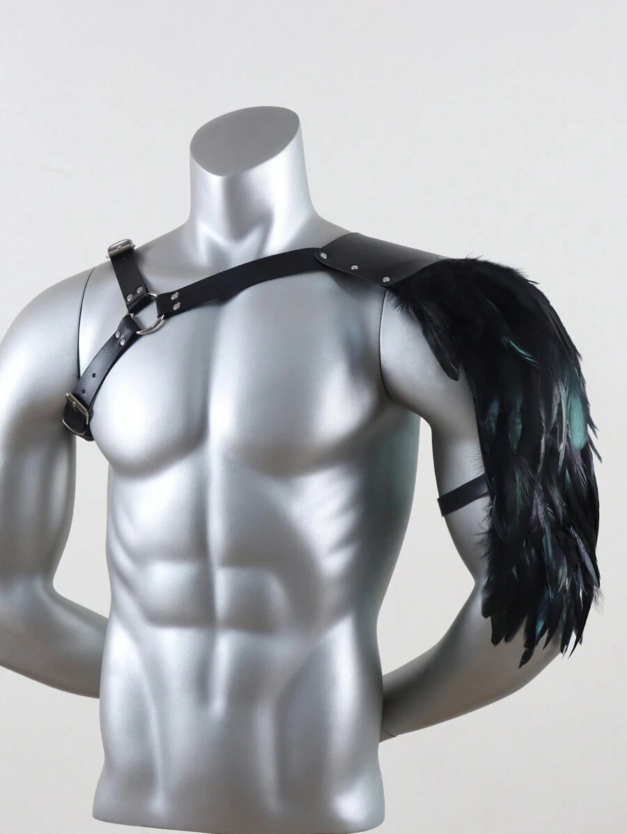 1件中世紀男士皮革維京盔甲肩甲 羽毛肩甲 Cosplay道具 派對用 - 黑色 - 查看 1