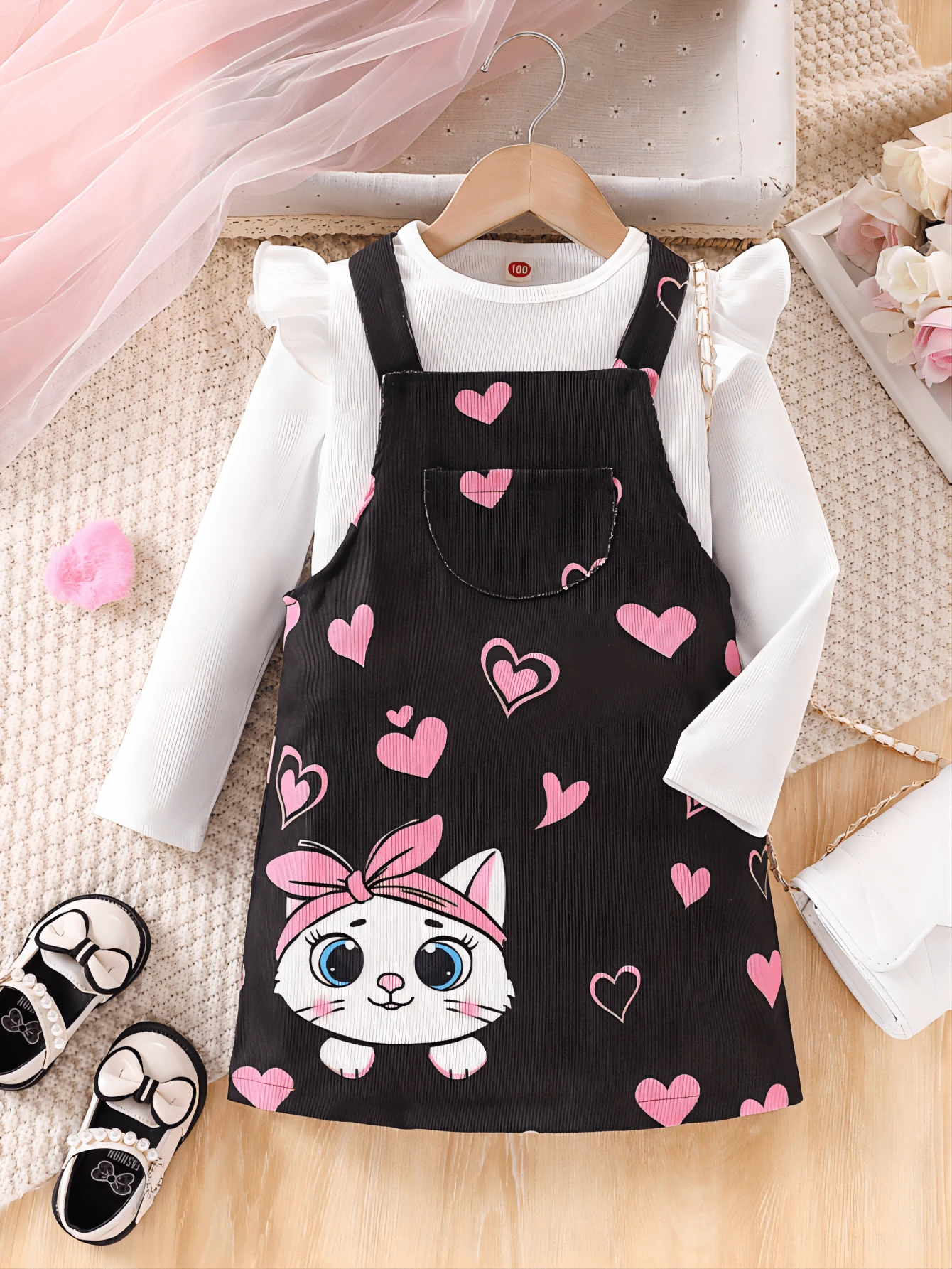 2 件装女婴休闲可爱小猫心形印花连衣裙套装，舒适居家，秋冬季 - 黑色 - 查看 1