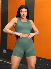 Seamless High Waist Butt Lifting Sportswear Gym Set D053 - Green - View 2