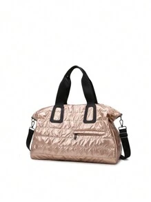 1pc Solid Color Pink Polyester Quilted Tote Bag With Zipper Closure, Large Capacity Travel Bag, Simple Elegant Style For Travel & Gym Overnight Bag Gym Bag Duffle Bag Weekend Bag Duffel Bag Carry On Bag College Bag Luggage Bags Weekender Bag Hospital Bag