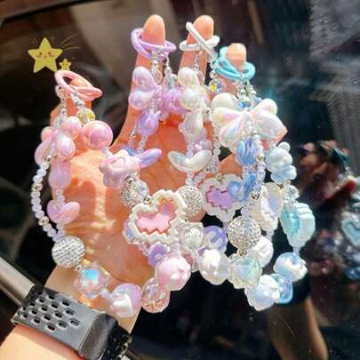 1 Pc Colorful Heart Bead Phone Lanyard Keychain Cute Bow Crystal Anti-Lost Rope Bling Bling Heart Bag Keychain Pendant Bag Accessories Valentine's Day Car Accessories Bag Charm Backpack For School Goth Y2k Halloween Accessories Teachers Day Christmas Gift Ideas Bag Accessories Lanyards With Id Holder Car Accessories Bag Charms