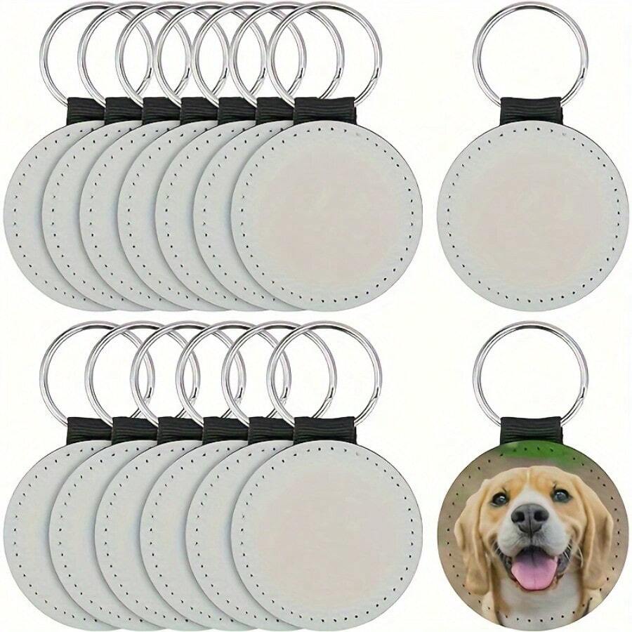 30pcs Sublimation Blanks Keychain Glitter PU Leather Keychain Heat Transfer Keyring Black Round Single Side - 30個 - 查看 1