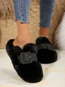 Fluffy Slide Sandals For Women, Closed Toe, Buckle Strap, Flat Bottom, For Indoor & Outdoor Wear, Autumn/Winter New