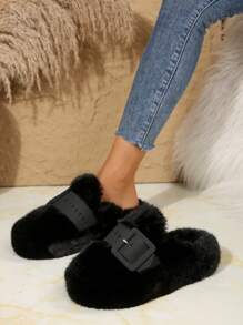 Fluffy Slide Sandals For Women, Closed Toe, Buckle Strap, Flat Bottom, For Indoor & Outdoor Wear, Autumn/Winter New