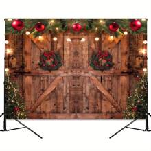 1pc Festive Barn Door Christmas Backdrop - Polyester, Multipurpose, Reusable, Easy-To-Use, New Year Party Background For Family Gathering, Photo Studio Props, Banner Decorations, Holiday Decor, Universal Fit, And More,Christmas