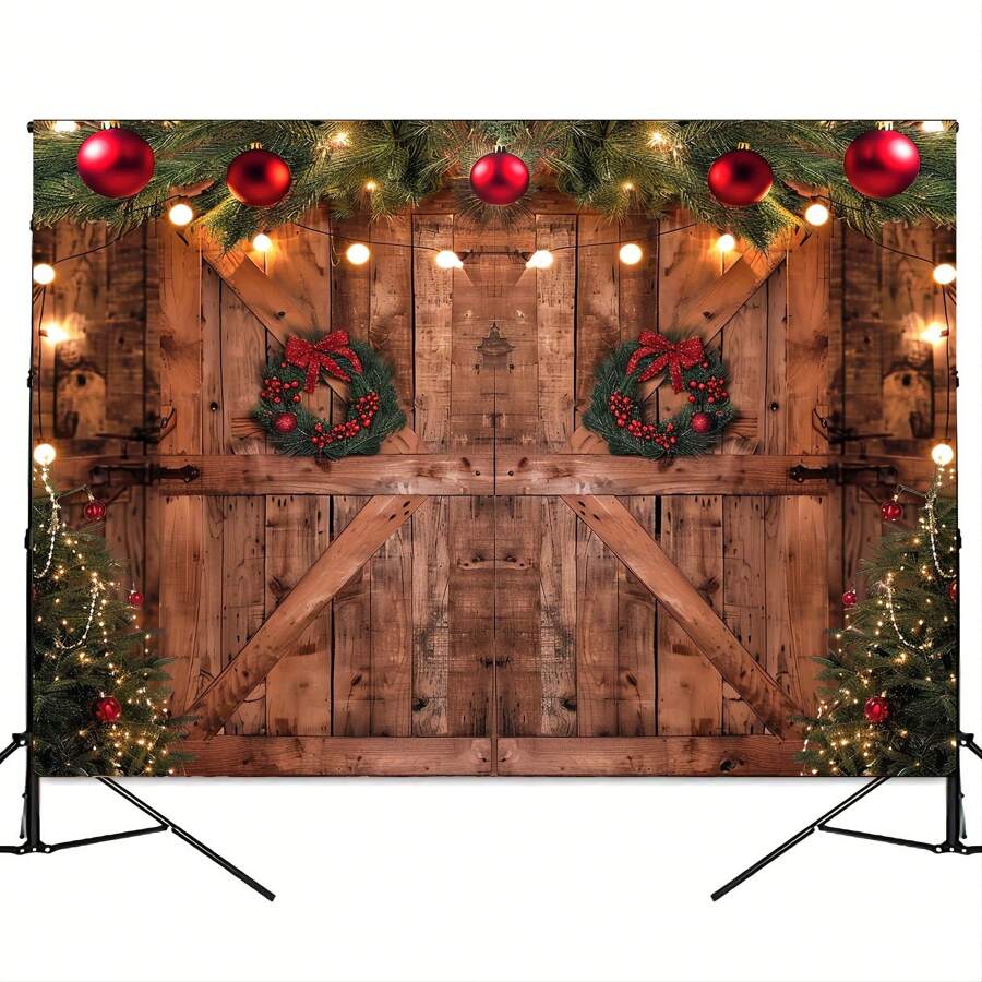 1pc Festive Barn Door Christmas Backdrop - Polyester, Multipurpose, Reusable, Easy-To-Use, New Year Party Background For Family Gathering, Photo Studio Props, Banner Decorations, Holiday Decor, Universal Fit, And More,Christmas