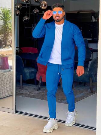 男士 2 件套：1 件棒球领纯色长袖开衫夹克 + 1 条长裤，秋季服装，舒适服装