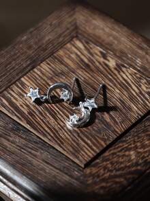 1 cặp bông tai đính đá Cubic Zirconia hình ngôi sao và mặt trăng bằng bạc Sterling 925, tông màu bạc chủ đề thiên hà, bông tai thời trang thanh lịch tinh tế sang trọng, thích hợp cho phụ nữ đeo thường ngày/đi chơi/tiệc tùng/tiệc tùng - Bạc - Xem 5