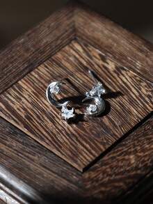 1 cặp bông tai đính đá Cubic Zirconia hình ngôi sao và mặt trăng bằng bạc Sterling 925, tông màu bạc chủ đề thiên hà, bông tai thời trang thanh lịch tinh tế sang trọng, thích hợp cho phụ nữ đeo thường ngày/đi chơi/tiệc tùng/tiệc tùng - Bạc - Xem 6