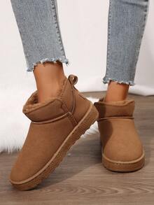 女士时尚拼接设计光滑短靴，保暖一脚蹬靴，优雅休闲短踝靴，秋冬季款，棕色 - 棕色 - 查看 5