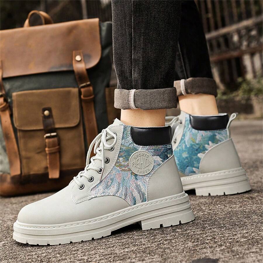 Men's Boots, MidTop Casual Leather Shoes, British Style HighTop Work