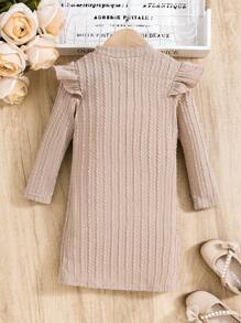 年轻女孩休闲卡其色针织优雅连衣裙，长袖，百搭设计适合各种场合，精致荷叶边饰边，柔软舒适，秋冬 - 棕色 - 查看 2